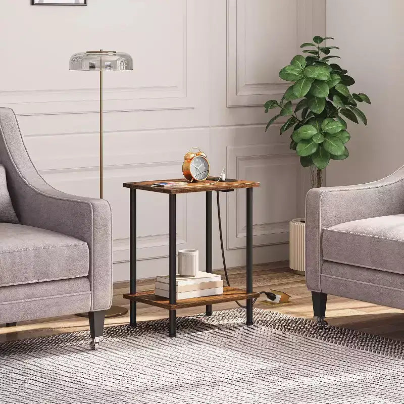 Table d'appoint ACOINEL avec station de charge, Table de chevet avec port USB, Port Type-C et Prise CA, Étagères de rangement à 2 niveaux