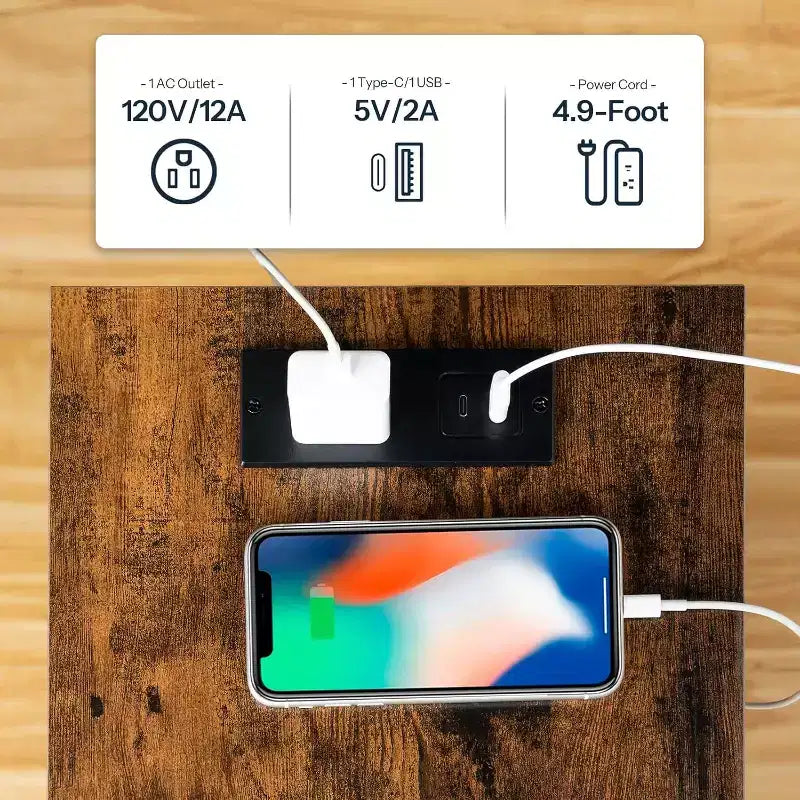 Table d'appoint ACOINEL avec station de charge, Table de chevet avec port USB, Port Type-C et Prise CA, Étagères de rangement à 2 niveaux