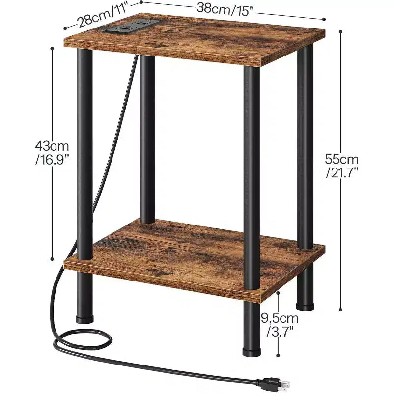 Table d'appoint ACOINEL avec station de charge, Table de chevet avec port USB, Port Type-C et Prise CA, Étagères de rangement à 2 niveaux