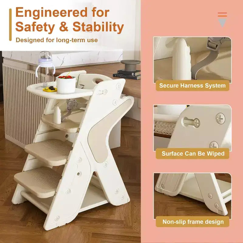 Chaise haute multifonctionnelle pour tout-petits, tour d'apprentissage réglable en hauteur avec harnais à 5 points et grand plateau amovible pour l'alimentation et les repas