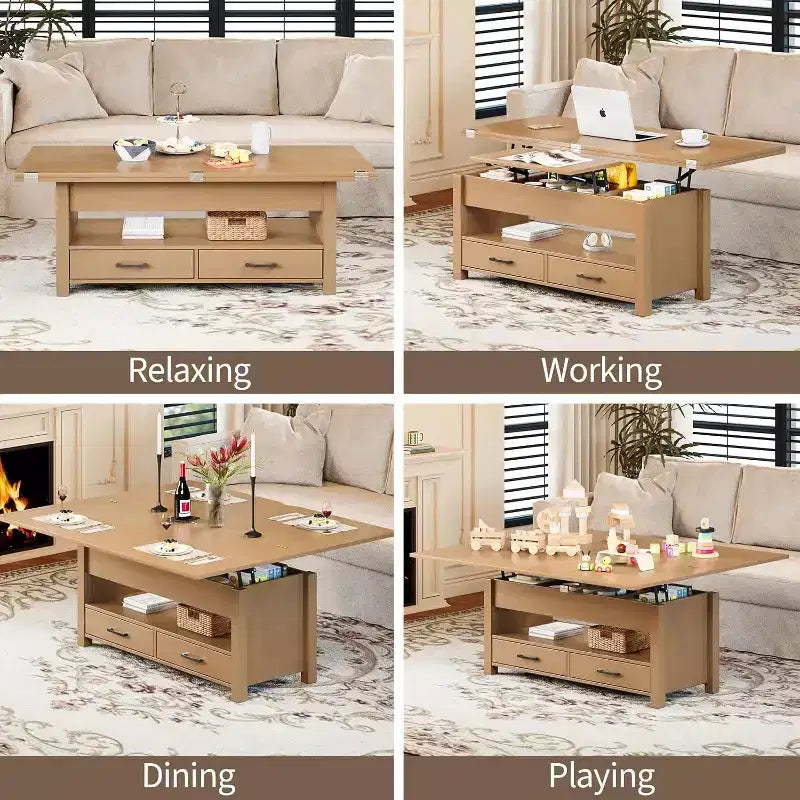 Table Basse Relevable Transformable, Se Convertit en Table à Manger ou Bureau avec Grand Espace de Rangement