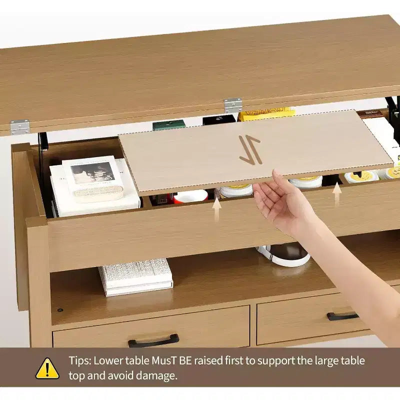 Table Basse Relevable Transformable, Se Convertit en Table à Manger ou Bureau avec Grand Espace de Rangement
