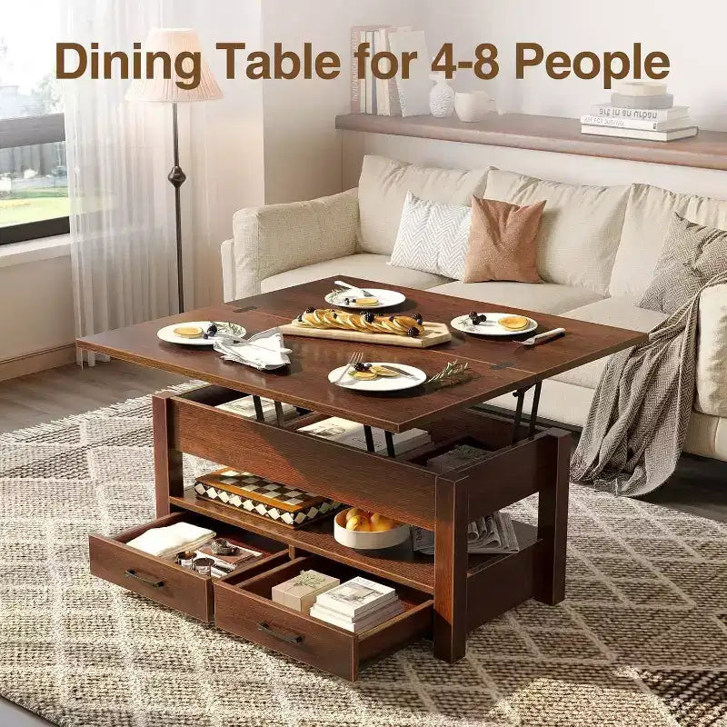 Table Basse Relevable Transformable, Se Convertit en Table à Manger ou Bureau avec Grand Espace de Rangement