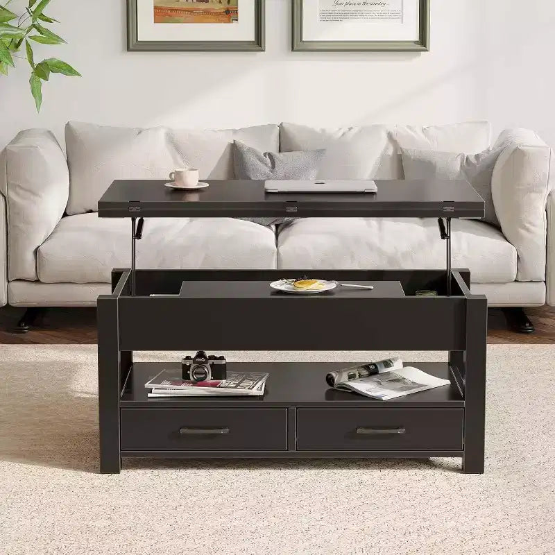 Table Basse Relevable Transformable, Se Convertit en Table à Manger ou Bureau avec Grand Espace de Rangement