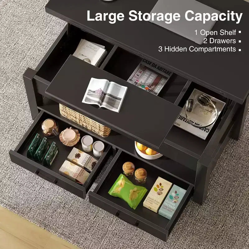 Table Basse Relevable Transformable, Se Convertit en Table à Manger ou Bureau avec Grand Espace de Rangement