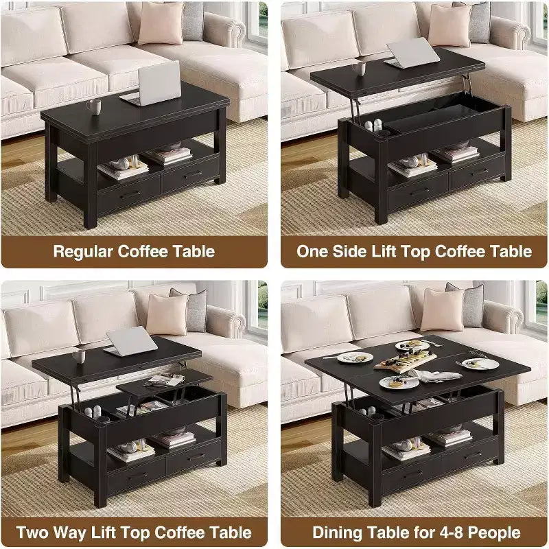 Table Basse Relevable Transformable, Se Convertit en Table à Manger ou Bureau avec Grand Espace de Rangement