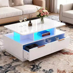 Table basse, table centrale rectangulaire moderne avec lumières de couleur réglables, 4 tiroirs et étagère ouverte, 35 tables de canapé blanches pour le salon