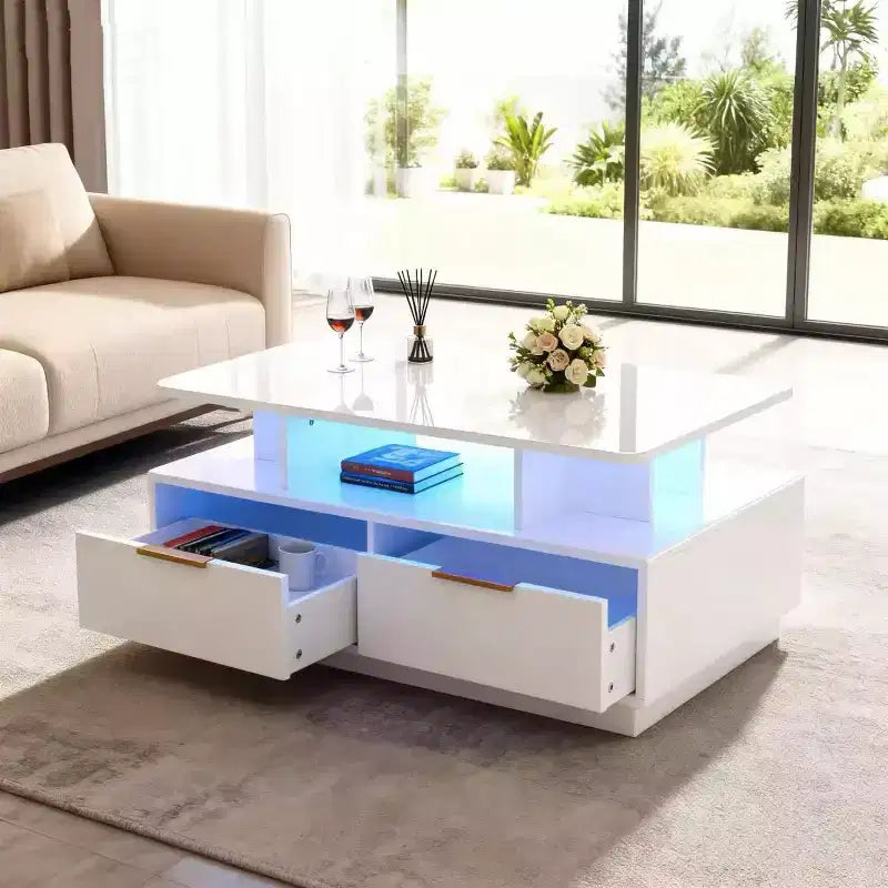 Table basse, table centrale rectangulaire moderne avec lumières de couleur réglables, 4 tiroirs et étagère ouverte, 35 tables de canapé blanches pour le salon