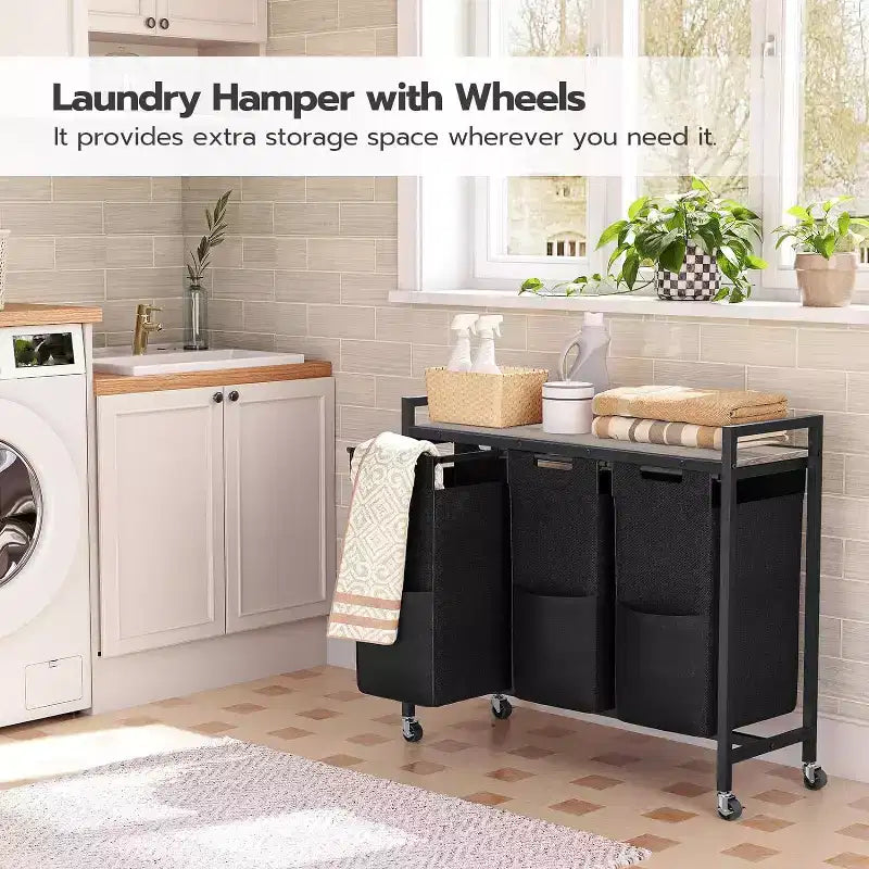 ACOINEL Tri de linge à 3 sections, panier à linge roulant de 311,5 gal (43,4 L) avec roulettes, gris-beige et noir pour buanderie, salle de bain, chambre à coucher