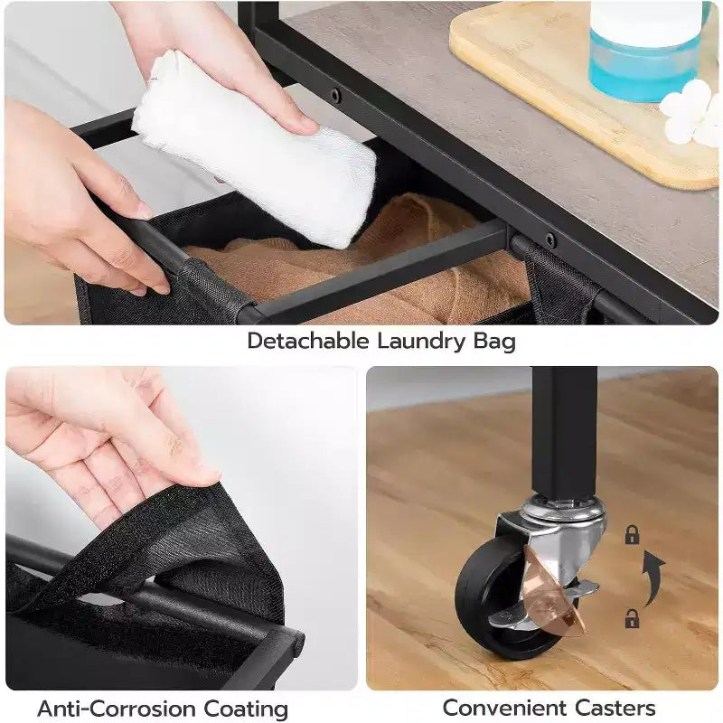 ACOINEL Tri de linge à 3 sections, panier à linge roulant de 311,5 gal (43,4 L) avec roulettes, gris-beige et noir pour buanderie, salle de bain, chambre à coucher