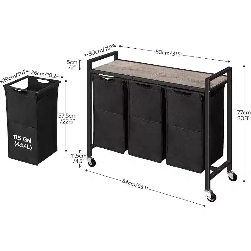 ACOINEL Tri de linge à 3 sections, panier à linge roulant de 311,5 gal (43,4 L) avec roulettes, gris-beige et noir pour buanderie, salle de bain, chambre à coucher