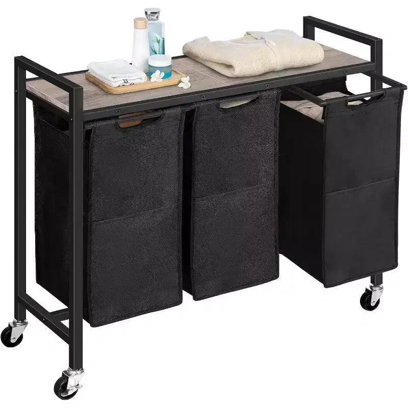 ACOINEL Tri de linge à 3 sections, panier à linge roulant de 311,5 gal (43,4 L) avec roulettes, gris-beige et noir pour buanderie, salle de bain, chambre à coucher