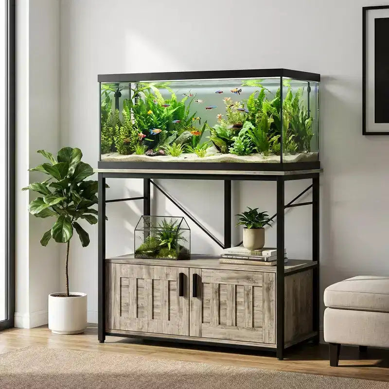 Meuble et support d'aquarium, Cadre en métal robuste avec étagère en bois pour aquariums, terrariums de tortues et de reptiles pour salon et salle à manger