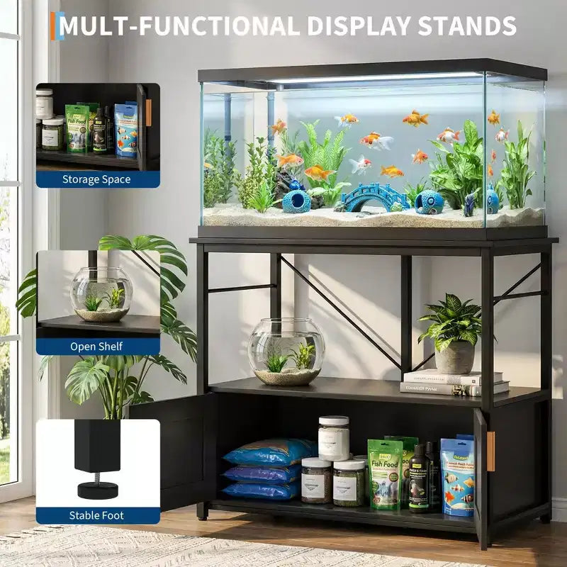 Meuble et support d'aquarium, Cadre en métal robuste avec étagère en bois pour aquariums, terrariums de tortues et de reptiles pour salon et salle à manger