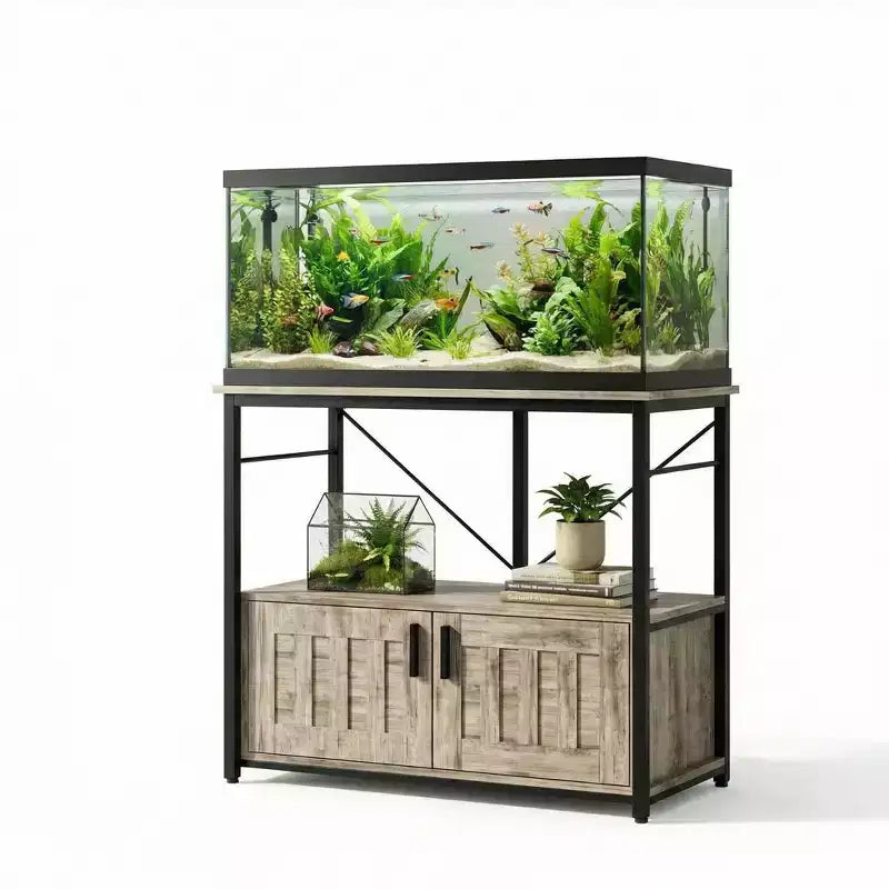 Meuble et support d'aquarium, Cadre en métal robuste avec étagère en bois pour aquariums, terrariums de tortues et de reptiles pour salon et salle à manger