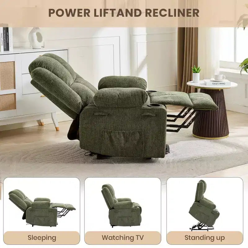 Fauteuil inclinable releveur avec massage, fauteuil inclinable électrique grand format à plat 155° pour personnes âgées, aide à la position debout avec 2 porte-gobelets, fauteuil de salon