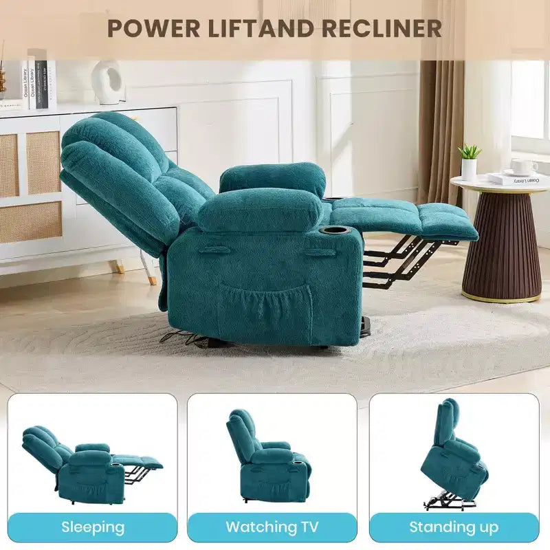 Fauteuil inclinable releveur avec massage, fauteuil inclinable électrique grand format à plat 155° pour personnes âgées, aide à la position debout avec 2 porte-gobelets, fauteuil de salon