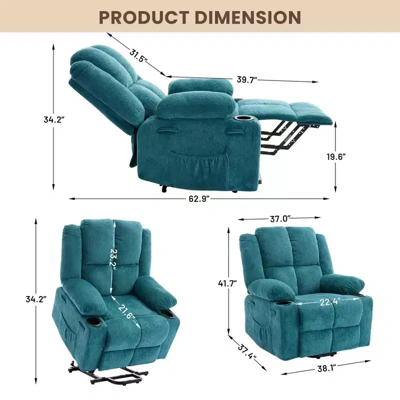 Fauteuil inclinable releveur avec massage, fauteuil inclinable électrique grand format à plat 155° pour personnes âgées, aide à la position debout avec 2 porte-gobelets, fauteuil de salon