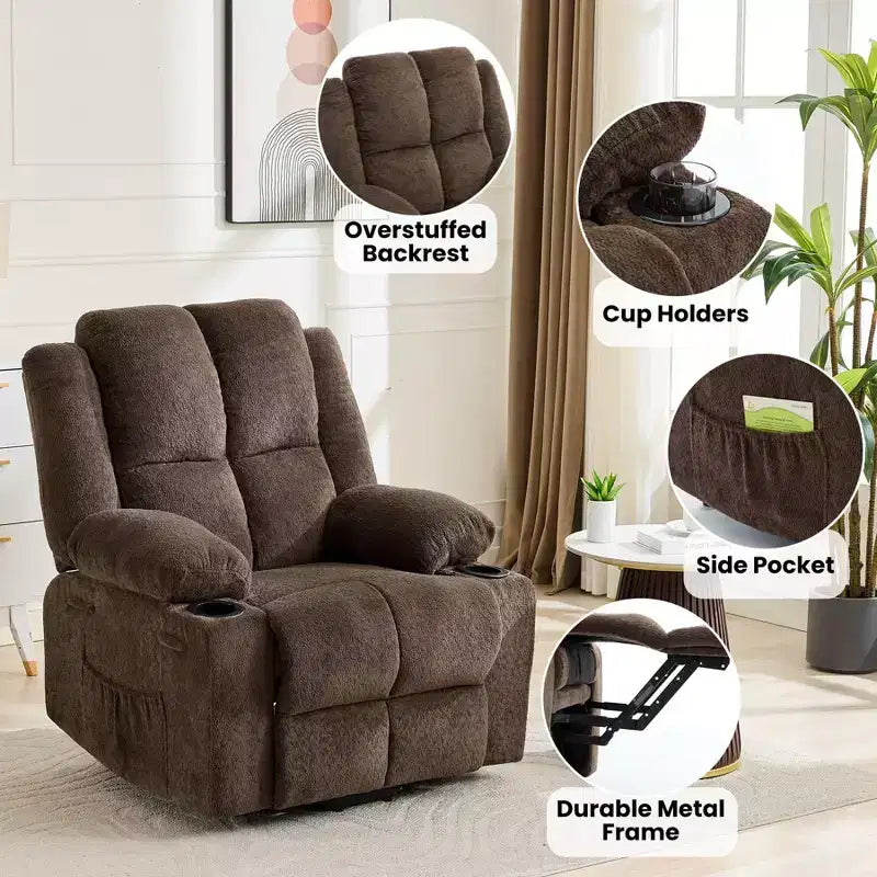 Fauteuil inclinable releveur avec massage, fauteuil inclinable électrique grand format à plat 155° pour personnes âgées, aide à la position debout avec 2 porte-gobelets, fauteuil de salon
