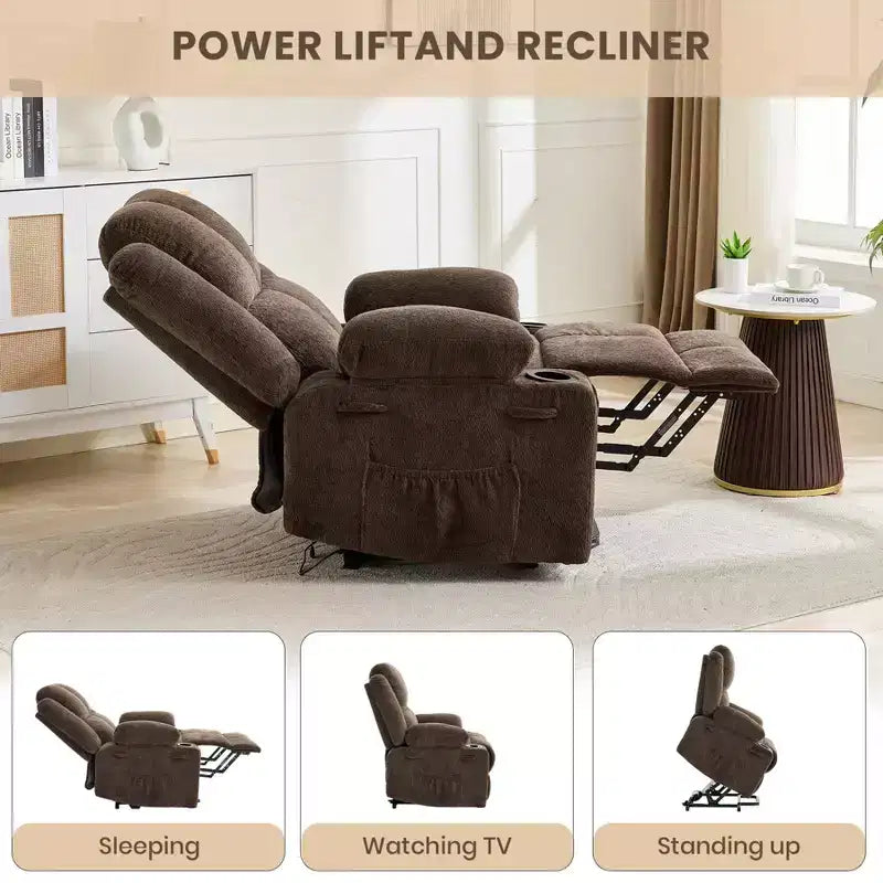 Fauteuil inclinable releveur avec massage, fauteuil inclinable électrique grand format à plat 155° pour personnes âgées, aide à la position debout avec 2 porte-gobelets, fauteuil de salon