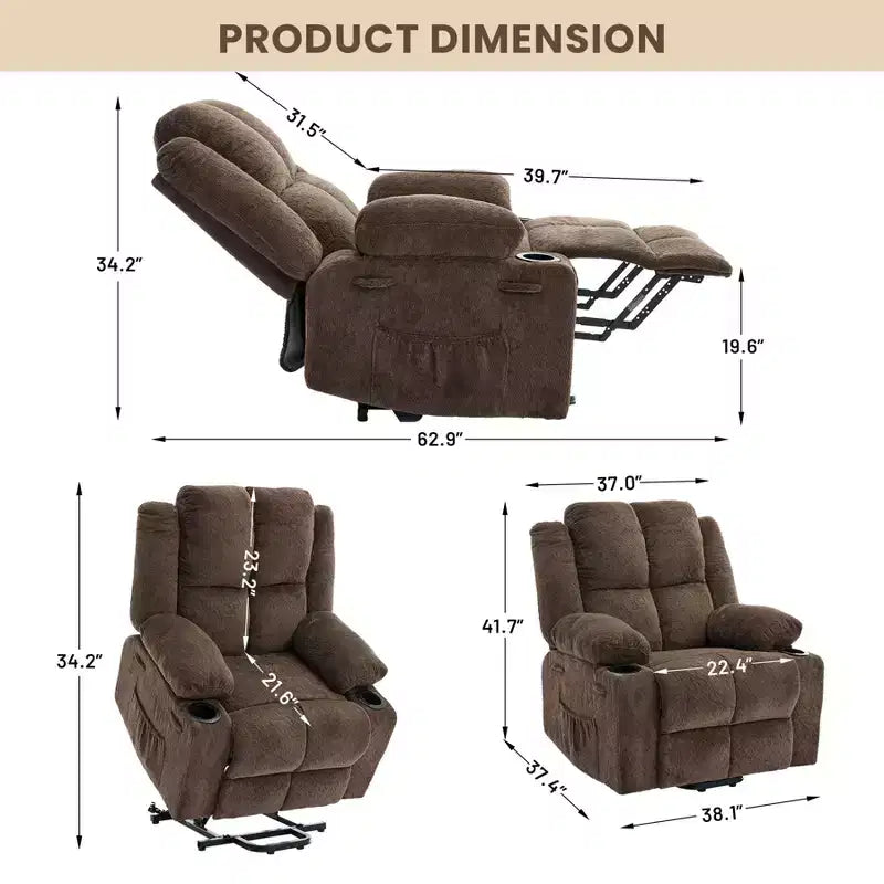 Fauteuil inclinable releveur avec massage, fauteuil inclinable électrique grand format à plat 155° pour personnes âgées, aide à la position debout avec 2 porte-gobelets, fauteuil de salon