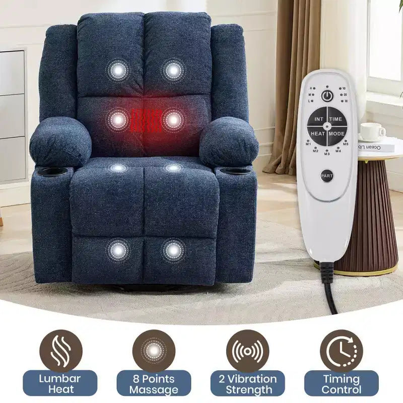 Fauteuil inclinable releveur avec massage, fauteuil inclinable électrique grand format à plat 155° pour personnes âgées, aide à la position debout avec 2 porte-gobelets, fauteuil de salon