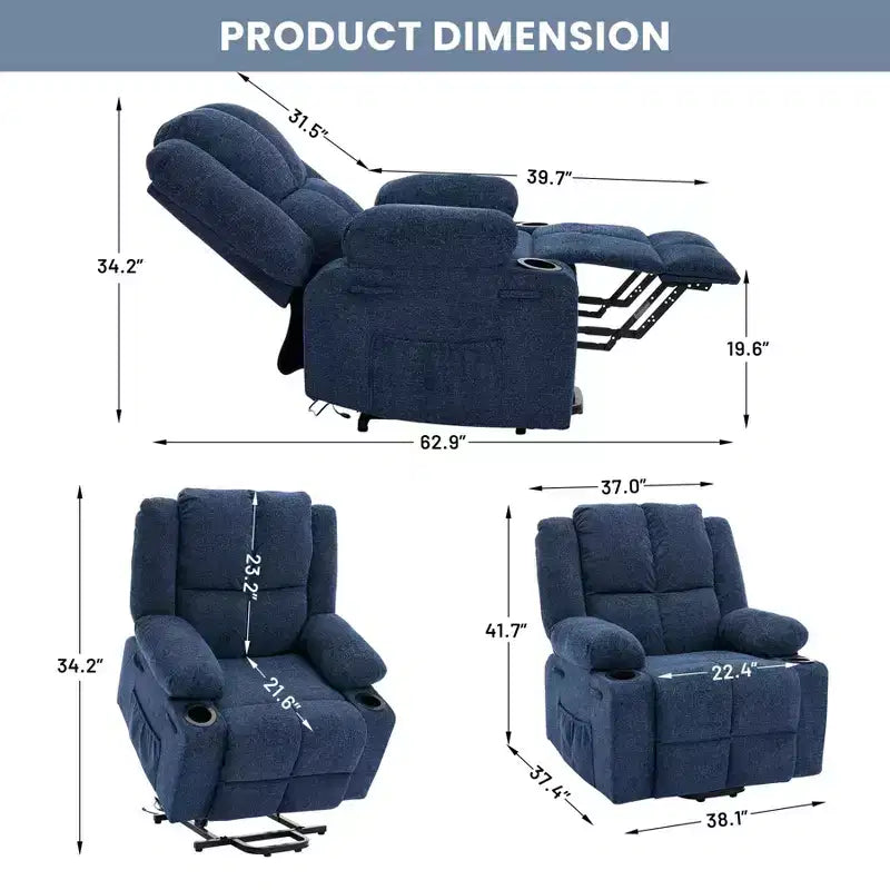 Fauteuil inclinable releveur avec massage, fauteuil inclinable électrique grand format à plat 155° pour personnes âgées, aide à la position debout avec 2 porte-gobelets, fauteuil de salon
