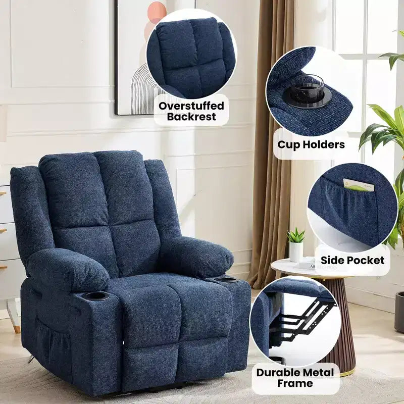Fauteuil inclinable releveur avec massage, fauteuil inclinable électrique grand format à plat 155° pour personnes âgées, aide à la position debout avec 2 porte-gobelets, fauteuil de salon