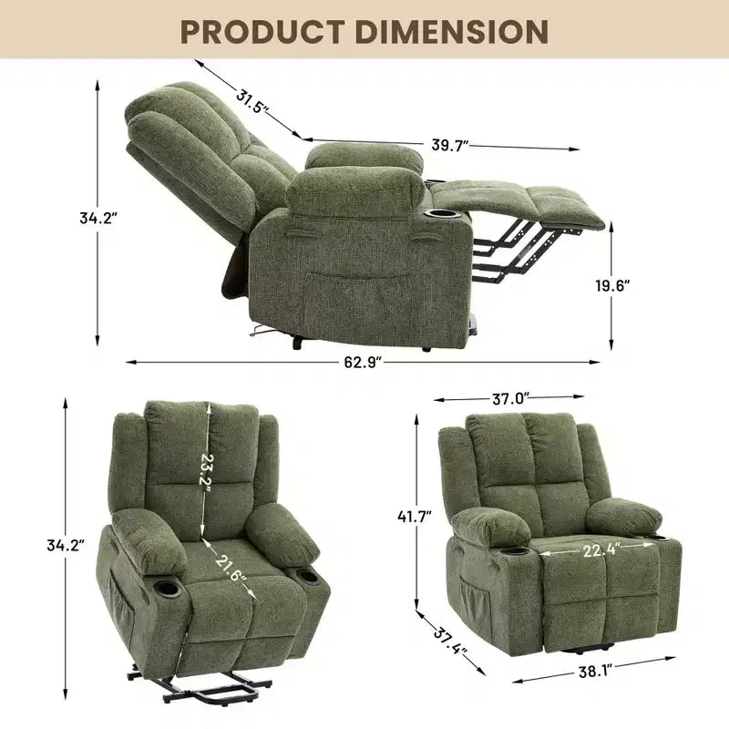 Fauteuil inclinable releveur avec massage, fauteuil inclinable électrique grand format à plat 155° pour personnes âgées, aide à la position debout avec 2 porte-gobelets, fauteuil de salon