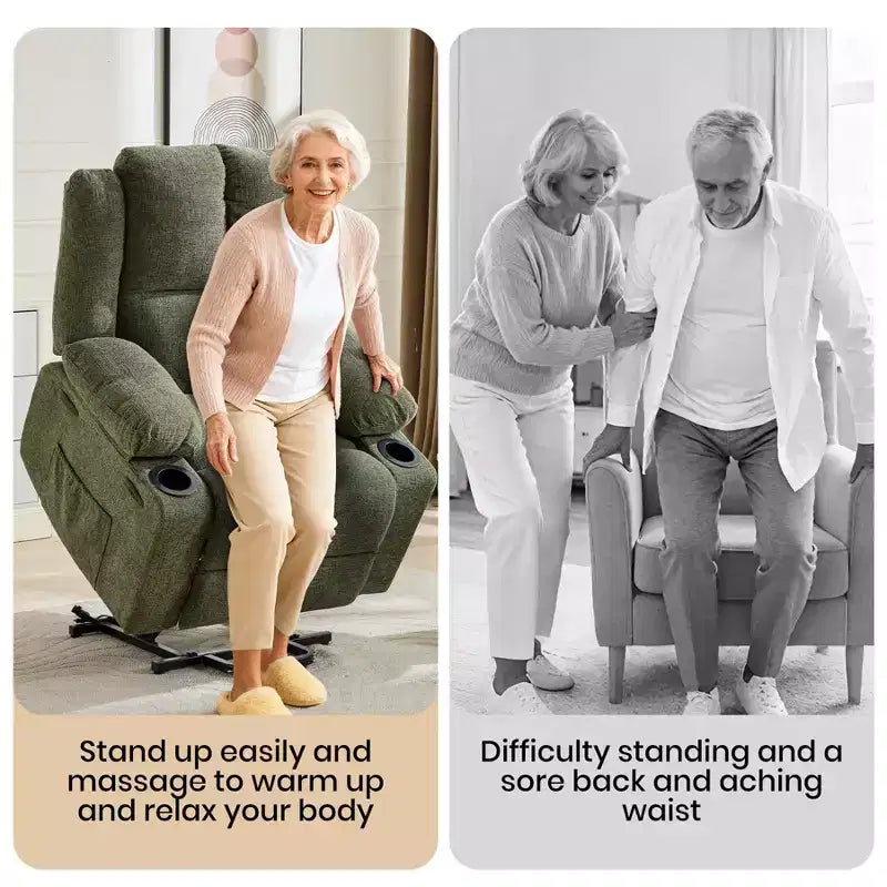 Fauteuil inclinable releveur avec massage, fauteuil inclinable électrique grand format à plat 155° pour personnes âgées, aide à la position debout avec 2 porte-gobelets, fauteuil de salon