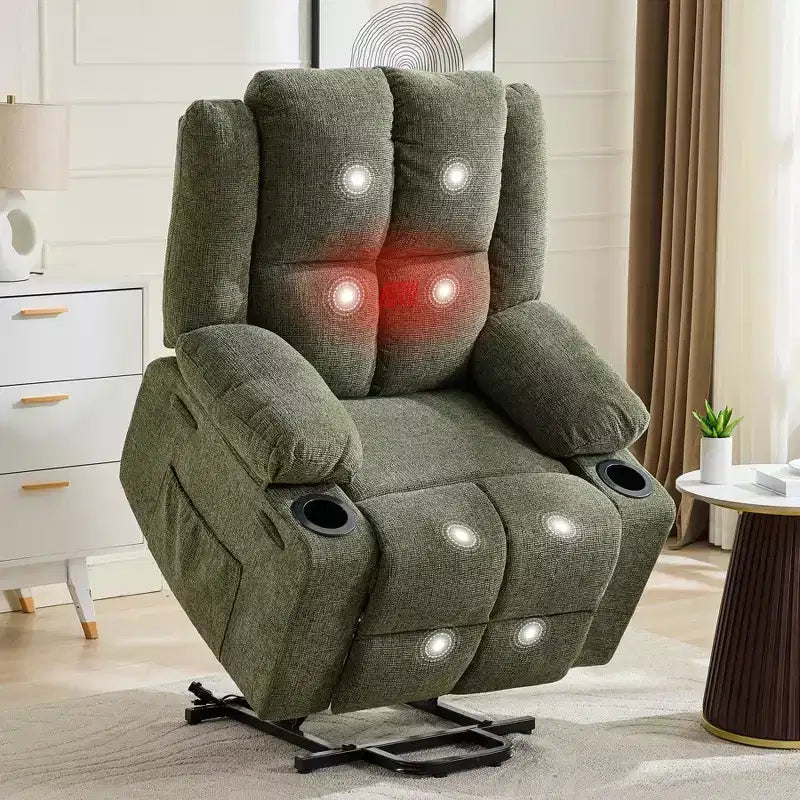 Fauteuil inclinable releveur avec massage, fauteuil inclinable électrique grand format à plat 155° pour personnes âgées, aide à la position debout avec 2 porte-gobelets, fauteuil de salon