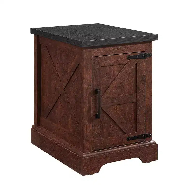 Table d'appoint de ferme avec porte de grange, étagère de rangement réglable et accents métalliques pour salon ou chambre à coucher