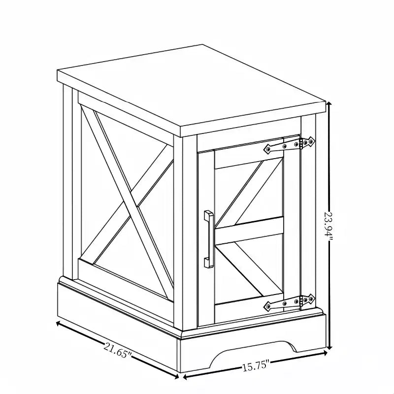 Table d'appoint de ferme avec porte de grange, étagère de rangement réglable et accents métalliques pour salon ou chambre à coucher