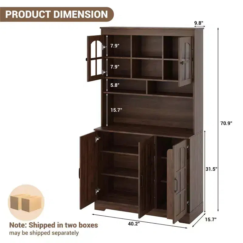CuisinSmart Armoire de Garde-Manger avec Station de Charge, Meuble de Cuisine de 180 cm avec Portes Vitrées, Grande Armoire de Rangement de Cuisine avec Étagère Supérieure