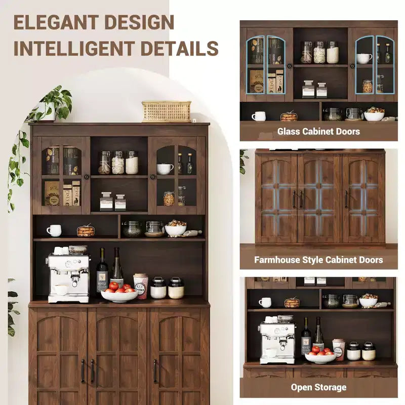 CuisinSmart Armoire de Garde-Manger avec Station de Charge, Meuble de Cuisine de 180 cm avec Portes Vitrées, Grande Armoire de Rangement de Cuisine avec Étagère Supérieure