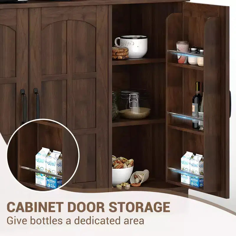 CuisinSmart Armoire de Garde-Manger avec Station de Charge, Meuble de Cuisine de 180 cm avec Portes Vitrées, Grande Armoire de Rangement de Cuisine avec Étagère Supérieure