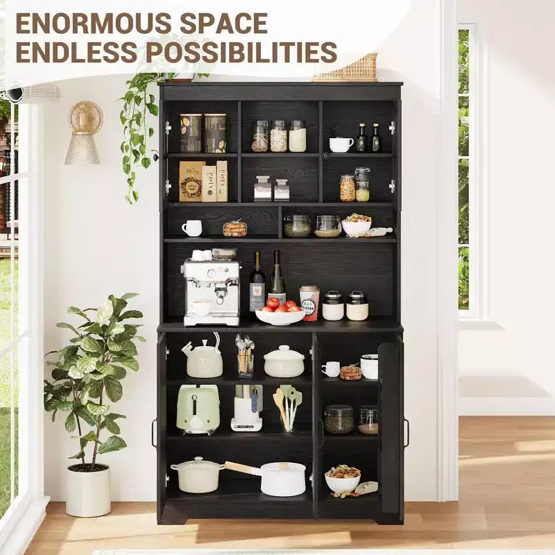CuisinSmart Armoire de Garde-Manger avec Station de Charge, Meuble de Cuisine de 180 cm avec Portes Vitrées, Grande Armoire de Rangement de Cuisine avec Étagère Supérieure