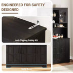 CuisinSmart Armoire de Garde-Manger avec Station de Charge, Meuble de Cuisine de 180 cm avec Portes Vitrées, Grande Armoire de Rangement de Cuisine avec Étagère Supérieure