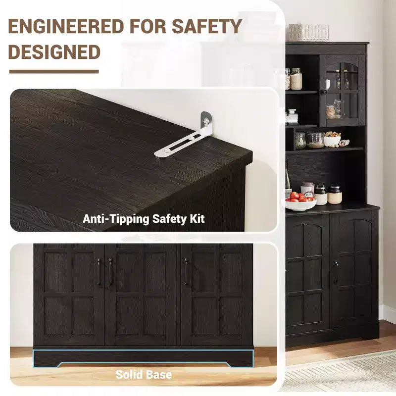 CuisinSmart Armoire de Garde-Manger avec Station de Charge, Meuble de Cuisine de 180 cm avec Portes Vitrées, Grande Armoire de Rangement de Cuisine avec Étagère Supérieure