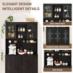 CuisinSmart Armoire de Garde-Manger avec Station de Charge, Meuble de Cuisine de 180 cm avec Portes Vitrées, Grande Armoire de Rangement de Cuisine avec Étagère Supérieure