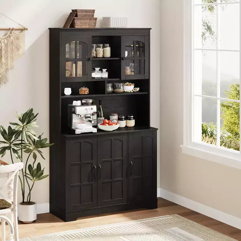 CuisinSmart Armoire de Garde-Manger avec Station de Charge, Meuble de Cuisine de 180 cm avec Portes Vitrées, Grande Armoire de Rangement de Cuisine avec Étagère Supérieure