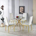 Table à manger avec pied en métal chromé et plateau en verre trempé, design moderne et compact pour la cuisine ou le salon
