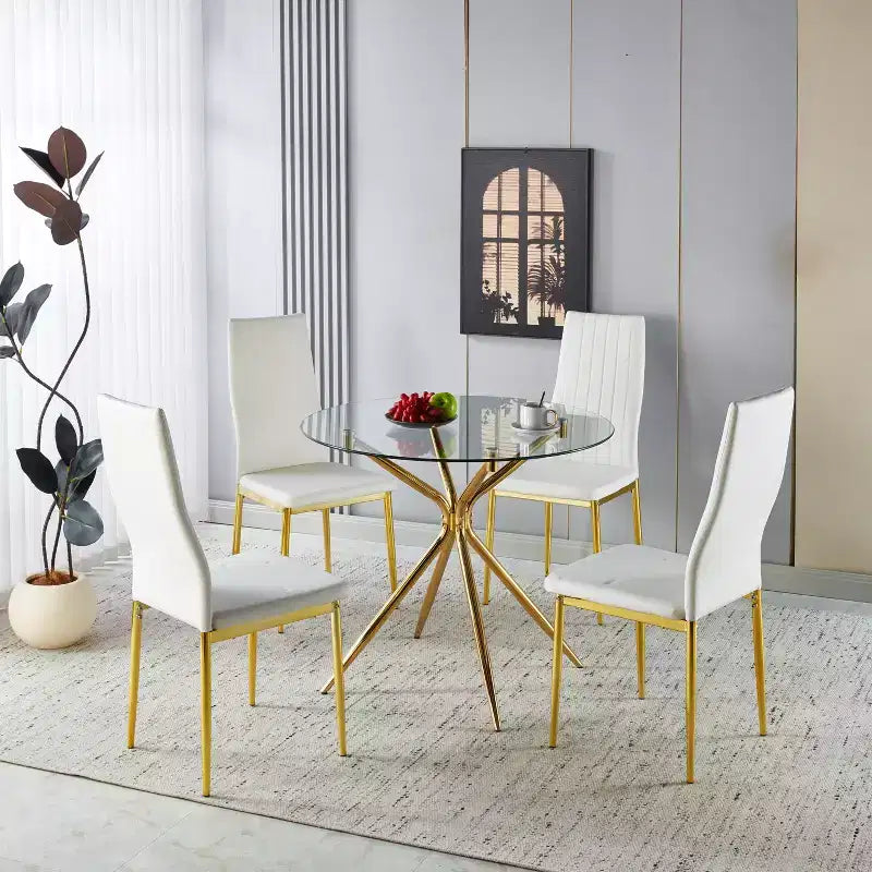 Table à manger avec pied en métal chromé et plateau en verre trempé, design moderne et compact pour la cuisine ou le salon