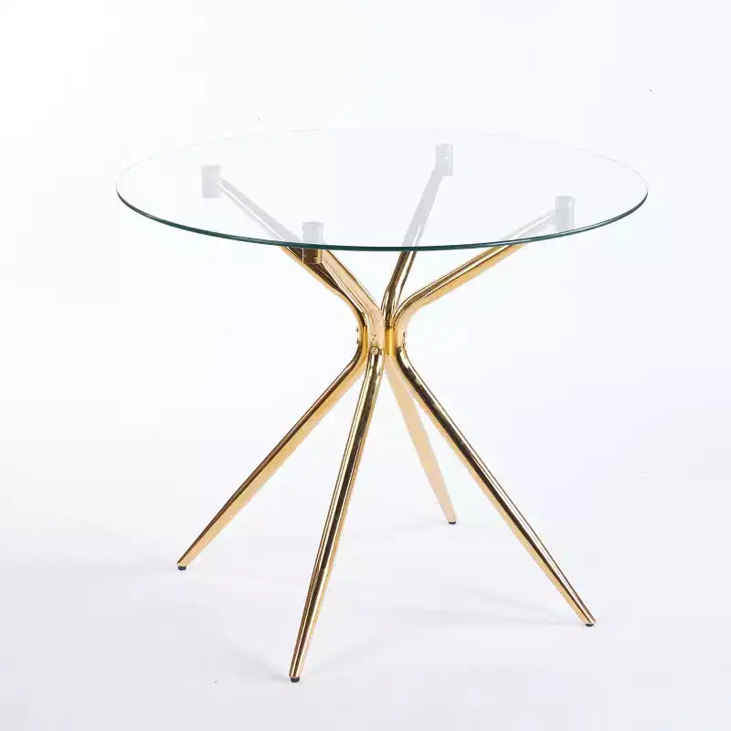 Table à manger avec pied en métal chromé et plateau en verre trempé, design moderne et compact pour la cuisine ou le salon