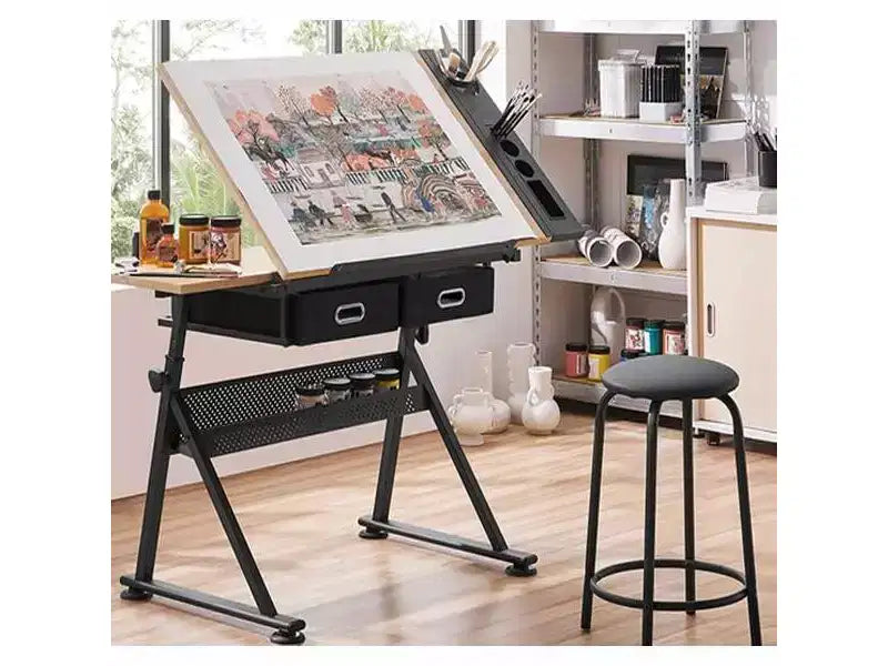 Table à dessin à hauteur réglable, plateau en chêne inclinable de 0 à 75°, 2 tiroirs de rangement, tabouret, bureau d'artiste pour le dessin, la peinture, l'artisanat, l'écriture