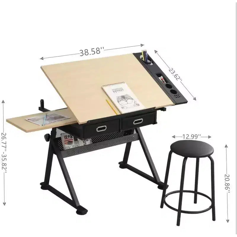 Table à dessin à hauteur réglable, plateau en chêne inclinable de 0 à 75°, 2 tiroirs de rangement, tabouret, bureau d'artiste pour le dessin, la peinture, l'artisanat, l'écriture