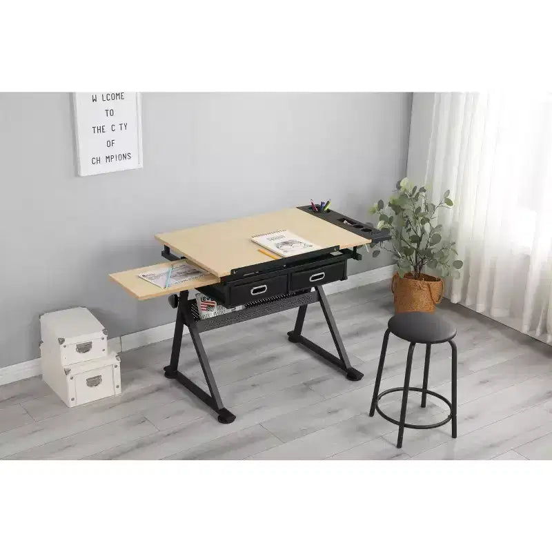 Table à dessin à hauteur réglable, plateau en chêne inclinable de 0 à 75°, 2 tiroirs de rangement, tabouret, bureau d'artiste pour le dessin, la peinture, l'artisanat, l'écriture
