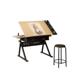 Table à dessin à hauteur réglable, plateau en chêne inclinable de 0 à 75°, 2 tiroirs de rangement, tabouret, bureau d'artiste pour le dessin, la peinture, l'artisanat, l'écriture