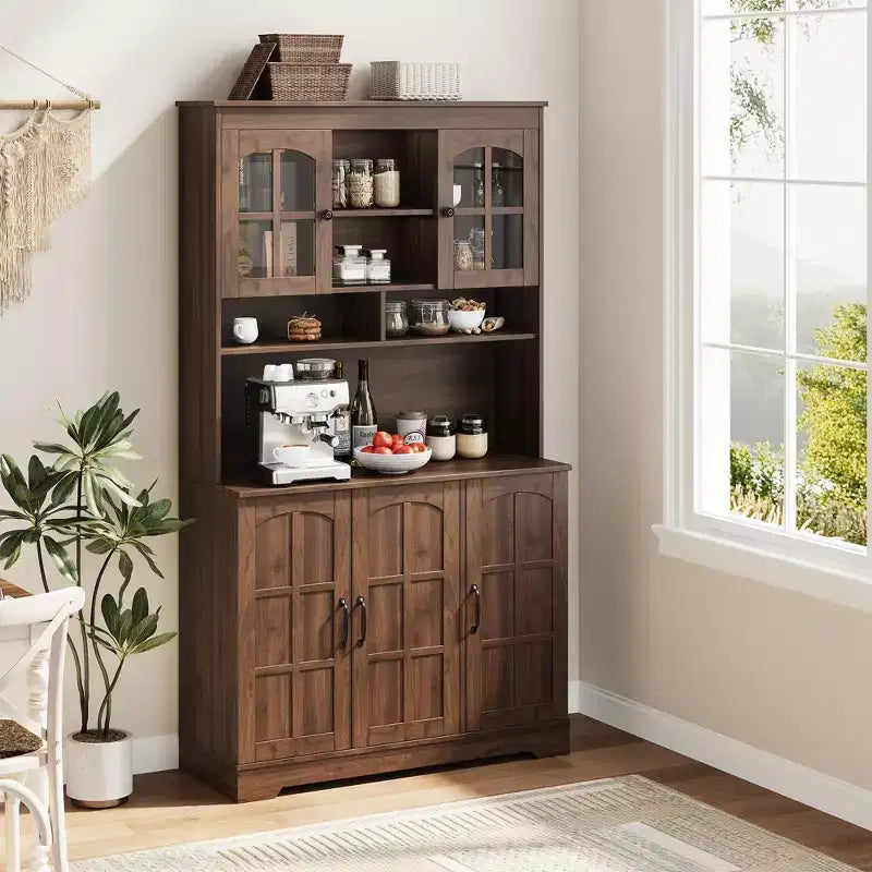 COZONY Armoire de cuisine haute de 180 cm avec portes en verre, meuble de rangement de cuisine avec huche pour salle à manger et salon