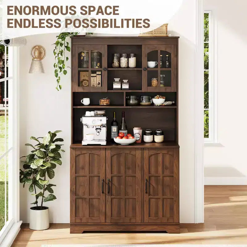 COZONY Armoire de cuisine haute de 180 cm avec portes en verre, meuble de rangement de cuisine avec huche pour salle à manger et salon